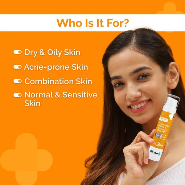 A woman holding The Derma Co C-Cinamide Radiance Sunscreen Aqua Gel bottle with text indicating that 80% of consumers found adequate sun protection after using the product. The background is bright orange, matching the product's packaging.