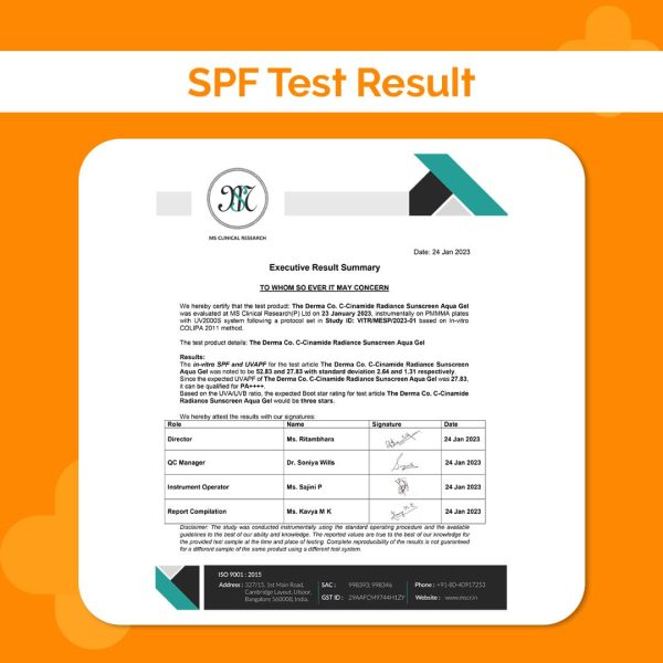 An image of the SPF test result document for The Derma Co C-Cinamide Radiance Sunscreen Aqua Gel, highlighting the test details and results. The background is orange with a white document graphic.