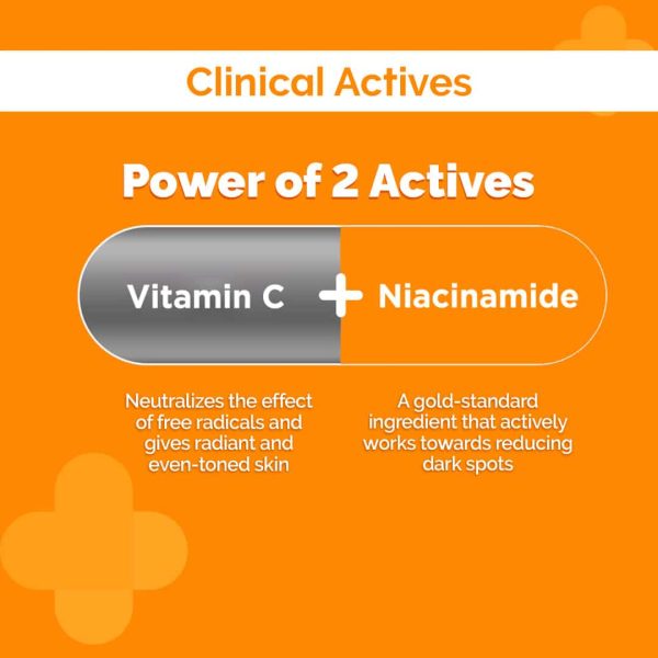 Infographic showing the benefits of Vitamin C and Niacinamide, highlighting that Vitamin C makes skin radiant and Niacinamide reduces dark spots. The background is orange with circular graphic elements.