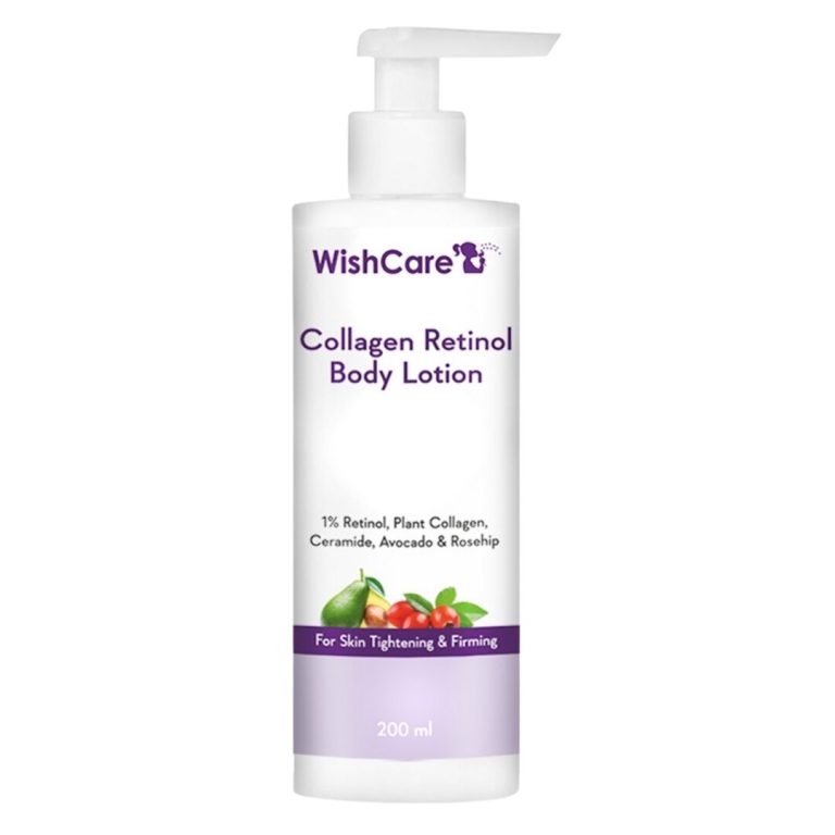 WishCare Collagen Retinol Body Lotion: 200ml bottle of WishCare Collagen Retinol Body Lotion with 1% retinol, plant collagen, ceramide, avocado, and rosehip, designed for skin tightening and firming.