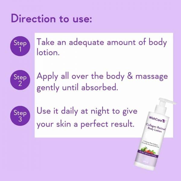 Directions to Use: Step-by-step instructions for applying the body lotion - take an adequate amount, apply all over the body and massage gently until absorbed, use daily at night for best results.