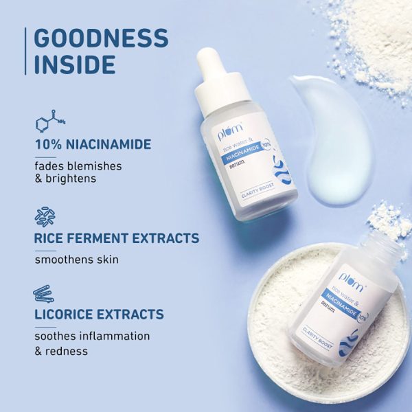 Ingredients of Plum 10% Niacinamide Face Serum - includes 10% Niacinamide, Rice Ferment Extracts, and Licorice Extracts for skin brightening and soothing.