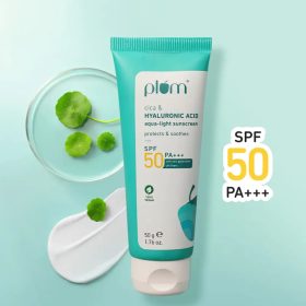 Plum Cica & Hyaluronic Acid Aqua-Light Sunscreen SPF 50 PA+++ in a 50g tube, displayed with cica leaves for natural skincare benefits.