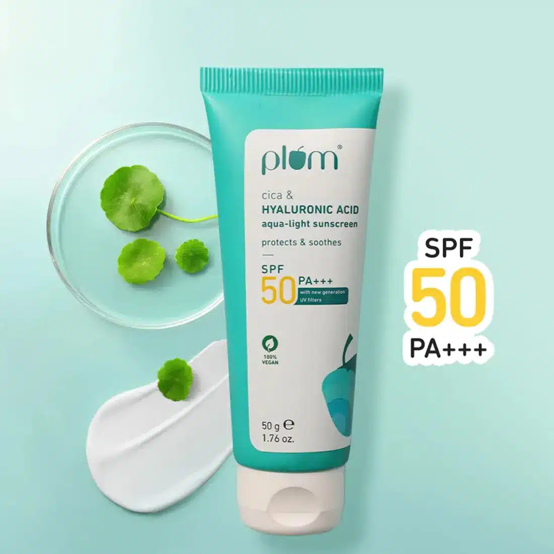 Plum Cica & Hyaluronic Acid SPF 50 PA+++ Sunscreen9 Plum Cica & Hyaluronic Acid Aqua-Light Sunscreen SPF 50 PA+++ in a 50g tube, displayed with cica leaves for natural skincare benefits.