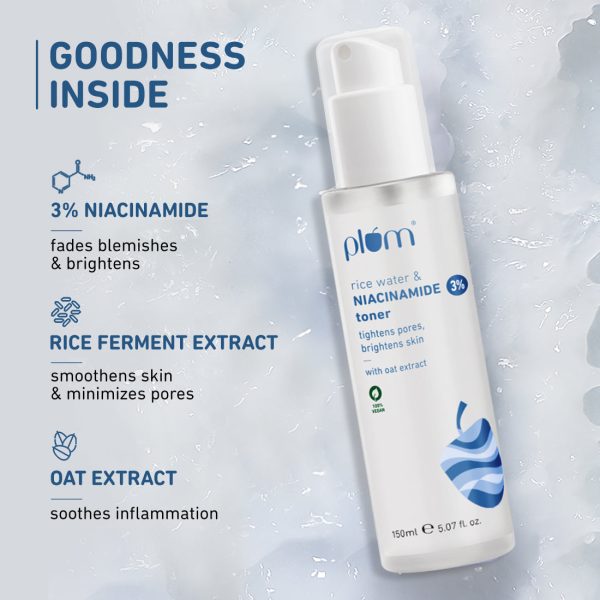 A bottle of "Plum 3% Niacinamide & Rice Water Toner" with water droplets in the background and the text "Goodness Inside". The benefits highlighted include 3% niacinamide to fade blemishes and brighten skin, rice ferment extract to smooth skin and minimize pores, and oat extract to soothe inflammation.