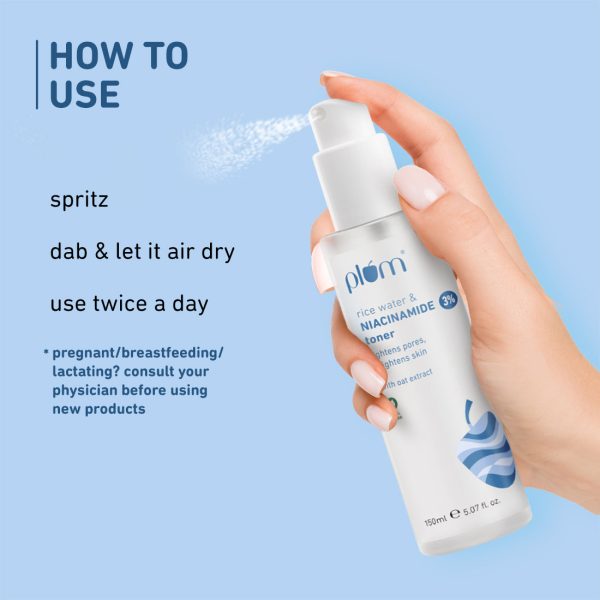 A hand spraying the "Plum 3% Niacinamide & Rice Water Toner" with the text "How to Use". Instructions include spritzing, dabbing and letting it air dry, and using twice a day. A note advises consulting a physician if pregnant, breastfeeding, or lactating before using new products.