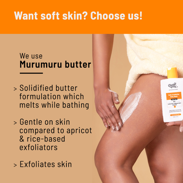 A woman applying the "Chemist At Play Daily Exfoliating Body Wash" to her leg. The image emphasizes the use of Murumuru butter in the product, which melts during bathing, is gentle on the skin compared to apricot and rice-based exfoliators, and exfoliates the skin. The product is shown against an orange background.