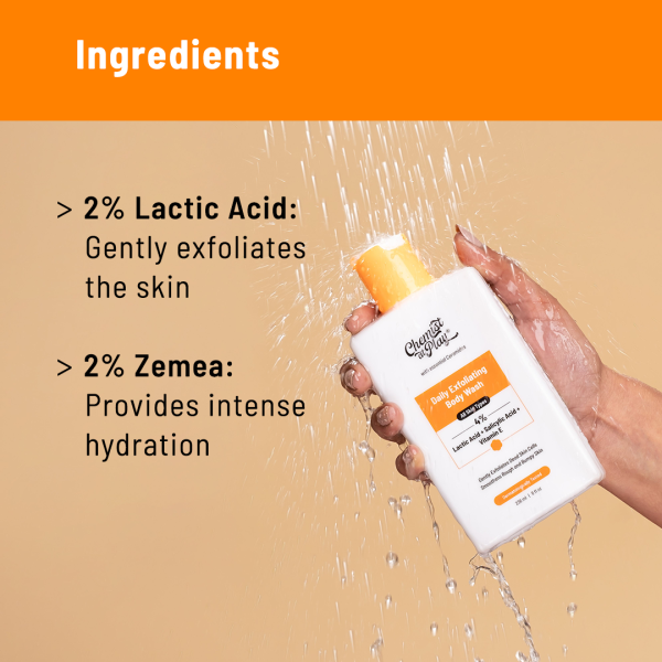 A bottle of "Chemist At Play Daily Exfoliating Body Wash" being held under running water. The image highlights key ingredients: 2% lactic acid for gentle exfoliation and 2% Zemea for intense hydration. The product is shown against an orange background with water splashing around it.