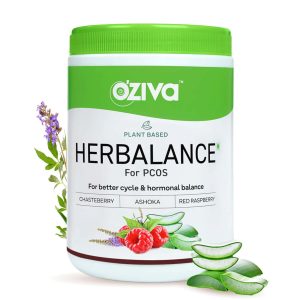 A front view of the OZiva Plant Based HerBalance for PCOS supplement jar. The label highlights the product as plant-based, specifically for PCOS, promoting better cycle and hormonal balance with ingredients like Chasteberry, Ashoka, and Red Raspberry.