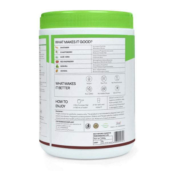 The nutritional facts and ingredients section on the back of the OZiva Plant Based HerBalance for PCOS supplement jar, showing serving size, nutritional values, and the blend of ingredients used.