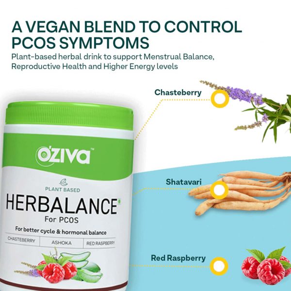 A close-up of the OZiva Plant Based HerBalance for PCOS supplement jar with illustrations of Chasteberry, Shatavari, and Red Raspberry, emphasizing the product as a vegan blend to control PCOS symptoms and support menstrual balance, reproductive health, and higher energy levels.