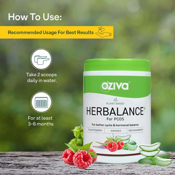 Instructions on how to use the OZiva Plant Based HerBalance for PCOS supplement. The text advises taking 2 scoops daily in water for at least 3-6 months for best results, with the product jar in the background.