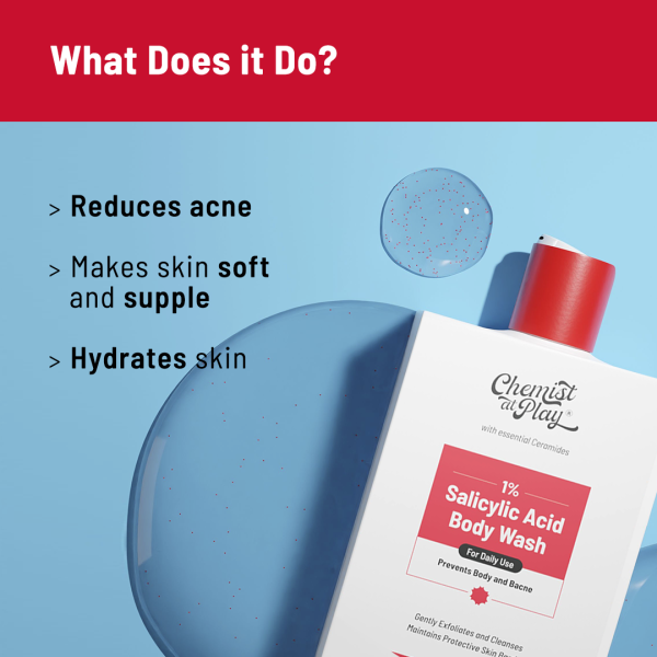 A bottle of "Chemist At Play 1% Salicylic Acid Body Wash" positioned against a blue background with bubbles. The text on the image states the benefits of the body wash: reduces acne, makes skin soft and supple, and hydrates skin.