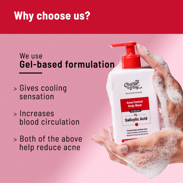 A hand holding a foamy bottle of "Chemist At Play Acne Control Body Wash". The image highlights the gel-based formulation which gives a cooling sensation, increases blood circulation, and helps reduce acne. The product is shown against a pink background.