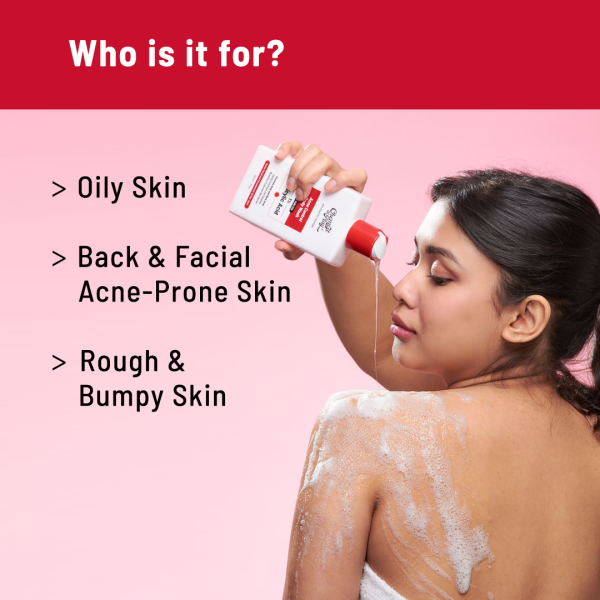 A woman applying "Chemist At Play Acne Control Body Wash" on her shoulder. The text on the image mentions it is suitable for oily skin, back and facial acne-prone skin, and rough and bumpy skin. The product is shown against a pink background.