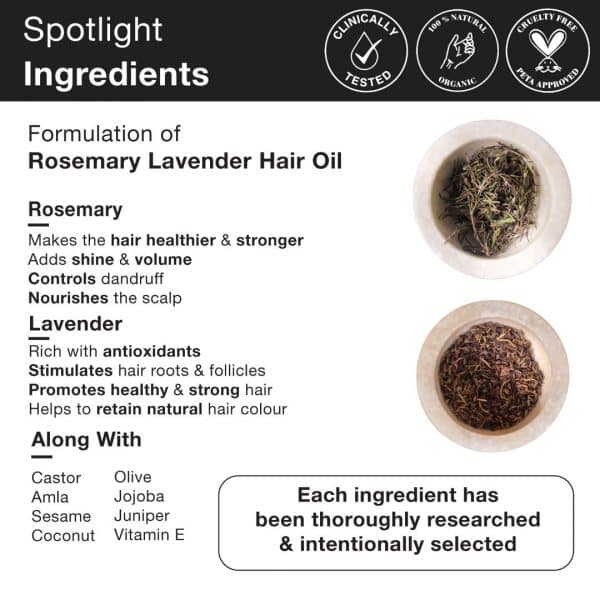 Detailed ingredients list for "Soulflower Rosemary Lavender Hair Oil". The text describes the benefits of rosemary (healthier and stronger hair, adds shine and volume, controls dandruff, nourishes the scalp) and lavender (rich with antioxidants, stimulates hair roots and follicles, promotes healthy and strong hair, helps to retain natural hair color). It also lists other ingredients like castor, amla, sesame, coconut, olive, jojoba, juniper, and vitamin E.