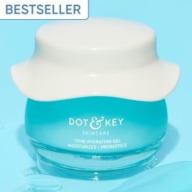 Dot & Key 72Hr Hydrating Gel Moisturizer - A jar of Dot & Key 72Hr Hydrating Gel Moisturizer with Probiotics, featuring a white cap and blue jar, containing 60ml of product.