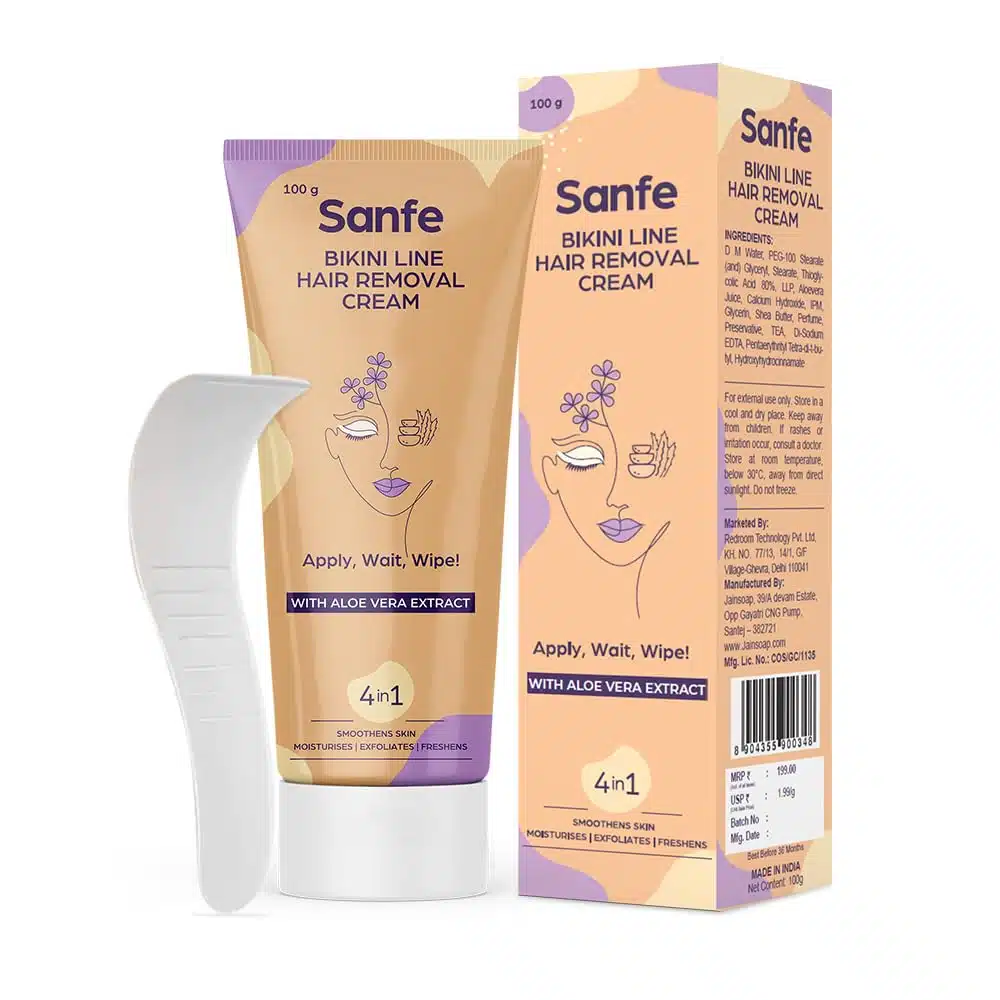 Bikini Line Hair Removal Cream with Spatula and Intimate Wipes - 100g Sanfe Bikini Line Hair Removal Cream with Spatula and Intimate Wipes