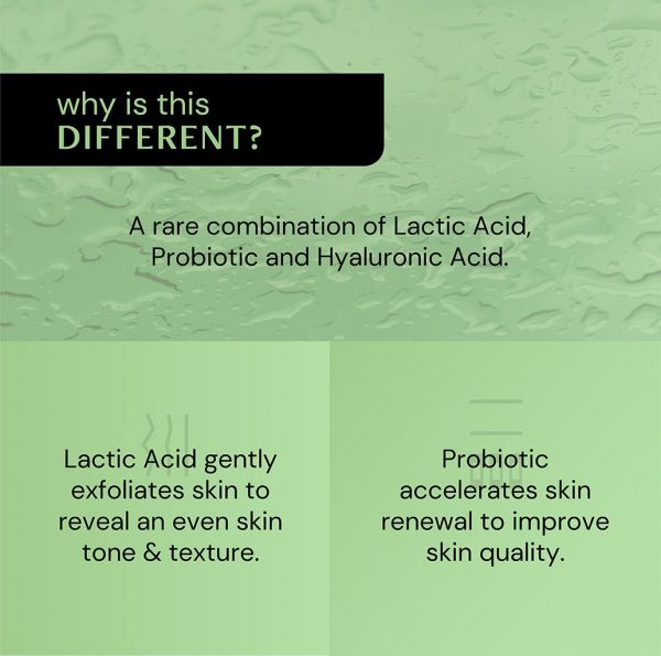 Explanation of why Deconstruct Beginners Exfoliating Serum is different, highlighting the combination of Lactic Acid, Probiotic, and Hyaluronic Acid.