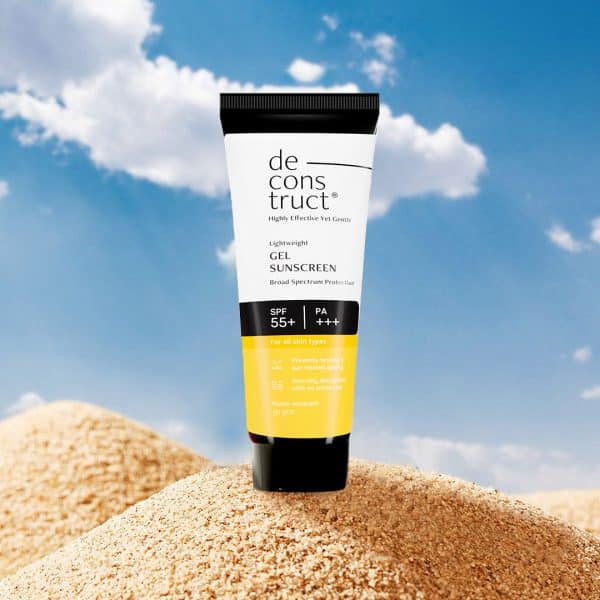 Deconstruct Lightweight Gel Sunscreen tube with SPF 55+ and PA+++ for broad spectrum protection, non-oily absorption with no white cast, and water resistance.