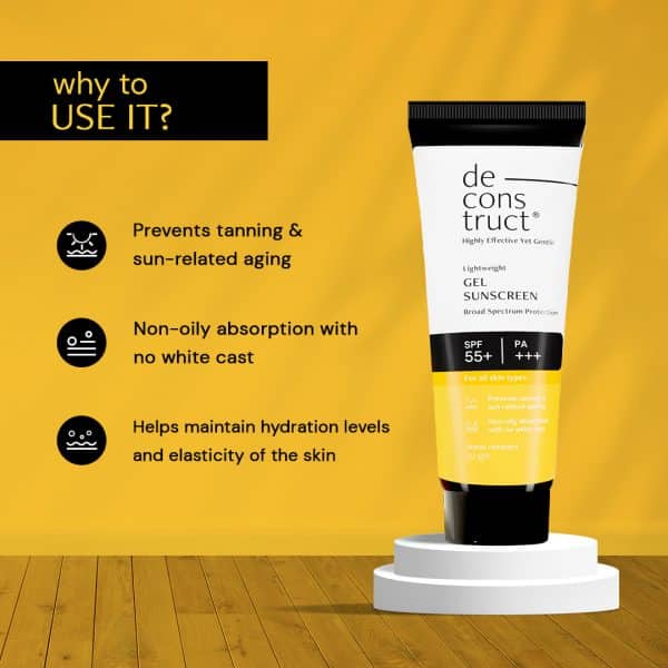 Reasons to use Deconstruct Lightweight Gel Sunscreen: prevents tanning and sun-related aging, non-oily absorption with no white cast, maintains hydration levels and skin elasticity.