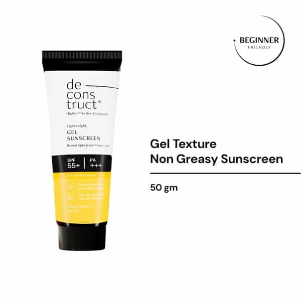 Deconstruct Lightweight Gel Sunscreen tube with SPF 55+ and PA+++ for broad spectrum protection, non-oily absorption with no white cast, and water resistance.