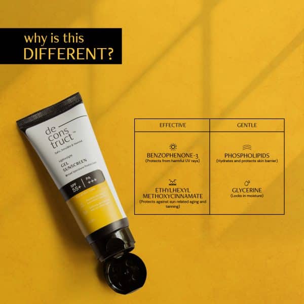 Difference of Deconstruct Lightweight Gel Sunscreen with phospholipids and glycerin to maintain hydration levels of the skin.