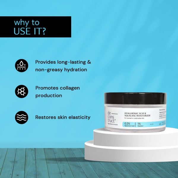 Reasons to use Deconstruct Hyaluronic Acid & Squalane Moisturizer: long-lasting hydration, promotes collagen production, restores skin elasticity."