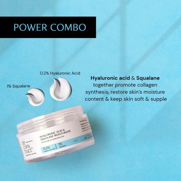 Power combo of Deconstruct Hyaluronic Acid & Squalane Moisturizer showing 0.2% Hyaluronic Acid and 1% Squalane, promotes collagen synthesis and moisture retention.