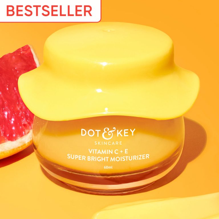 Dot & Key Vitamin C + E Super Bright Moisturizer - A jar of Dot & Key Vitamin C + E Super Bright Moisturizer with a bright yellow cap and jar, containing 60ml of product.