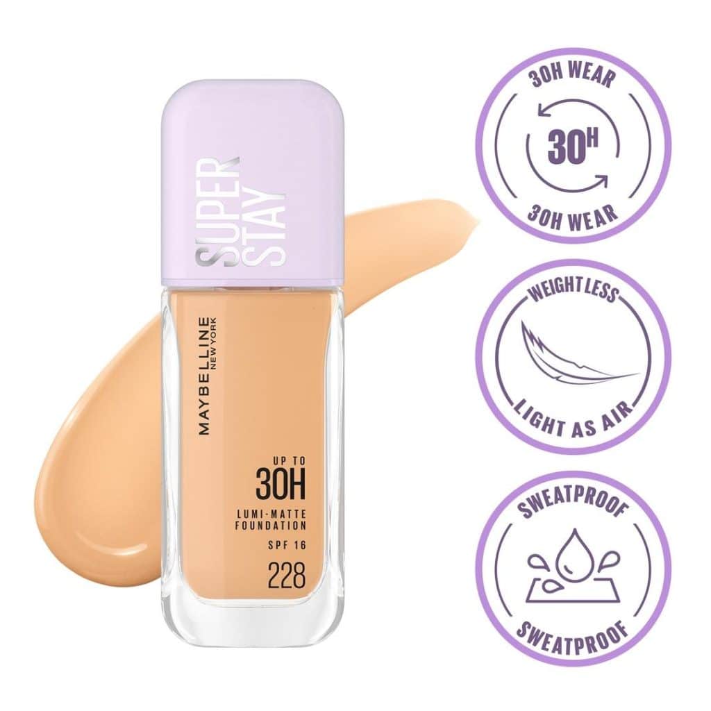 Maybelline New York Super Stay Lumi Matte Liquid Foundation, 30 HR Long Lasting yet Lightweight, 228, 35ml