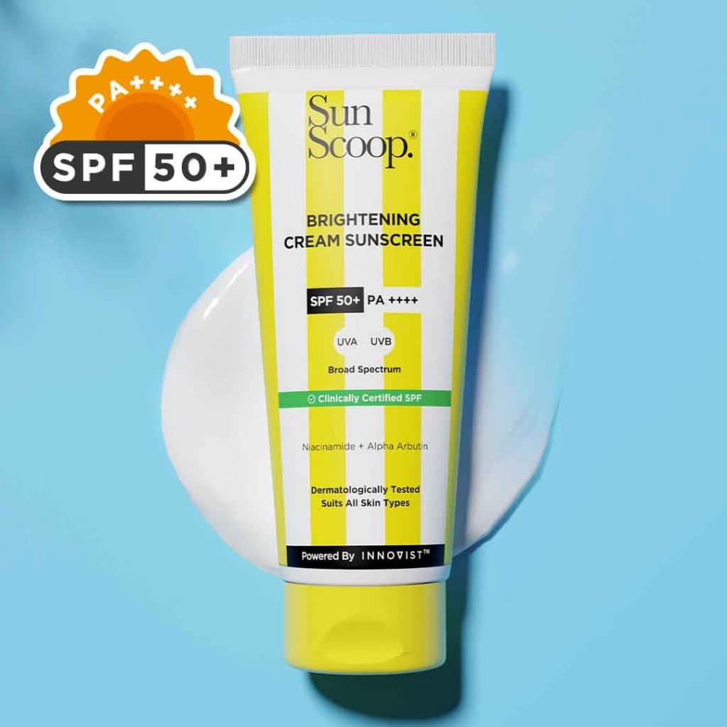 SunScoop Brightening Daily Sunscreen SPF 50 with SPF 50+ PA++++, UVA and UVB broad spectrum protection. Dermatologically tested, suitable for all skin types. Contains Niacinamide and Alpha Arbutin.