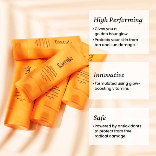 Foxtale Golden Hour Glow Sunscreen SPF 50 tubes arranged together, highlighting features such as high performance, innovative glow-boosting vitamins, and antioxidant protection.