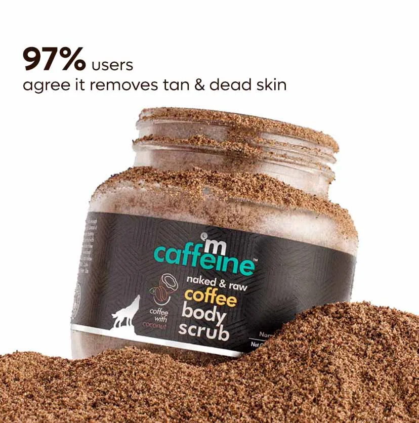 mcaffeine Exfoliating Coffee Body Scrub For Tan Removal & Soft-Smooth Skin1 A jar of mcaffeine Exfoliating Coffee Body Scrub with coffee grounds spilling out, highlighting the product’s tan removal and dead skin exfoliation benefits.