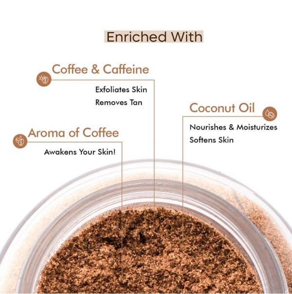 Details of mcaffeine Exfoliating Coffee Body Scrub’s enriching ingredients: Coffee & Caffeine for exfoliation and tan removal, and Coconut Oil for nourishment and moisturization