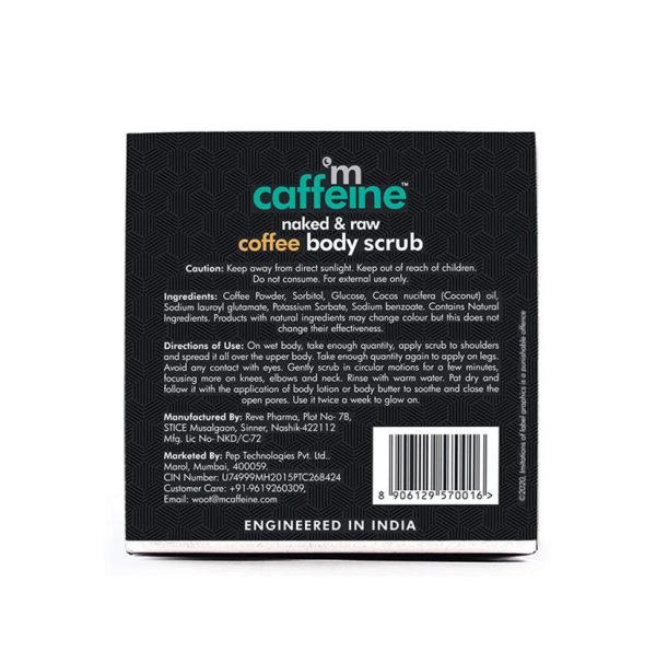 The back label of the mcaffeine Exfoliating Coffee Body Scrub, showing ingredients, directions for use, and manufacturer details.