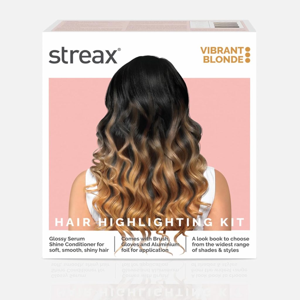 Streax Hair Highlighting Kit Vibrant Blonde packaging, showing a model with dark to blonde ombre hair highlights and features of the kit