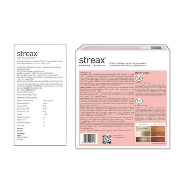 Back of the Streax Hair Highlighting Kit box showing ingredients and detailed instructions for use, including pre-lightening and coloring steps.