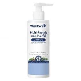 WishCare Multi Peptide Anti Hairfall Shampoo bottle with a pump, sulfate and paraben-free, enriched with rosemary, caffeine, rice water, ginseng, hyaluronic acid, and capilia longa.