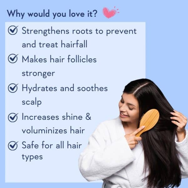 Key benefits of WishCare Multi Peptide Anti Hairfall Shampoo, including strengthening roots, making hair follicles stronger, hydrating and soothing scalp, increasing shine, and being safe for all hair types