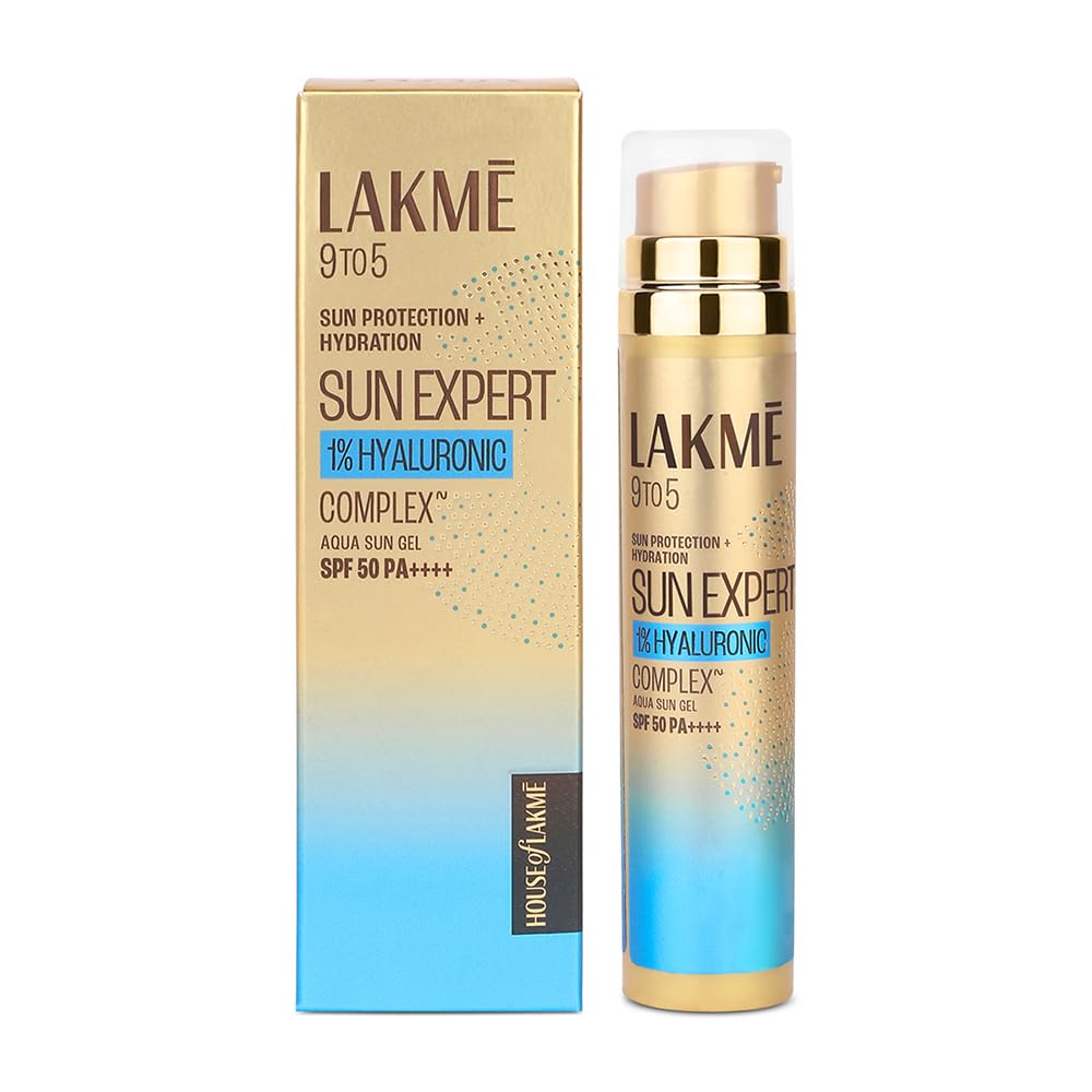 Lakmé Sun Expert 1% Hyaluronic Acid Sunscreen Gel SPF 50 PA++++ | Water-Light, Non-Sticky Formula for Oily Skin | Glowing, Even-Toned Skin | 56g