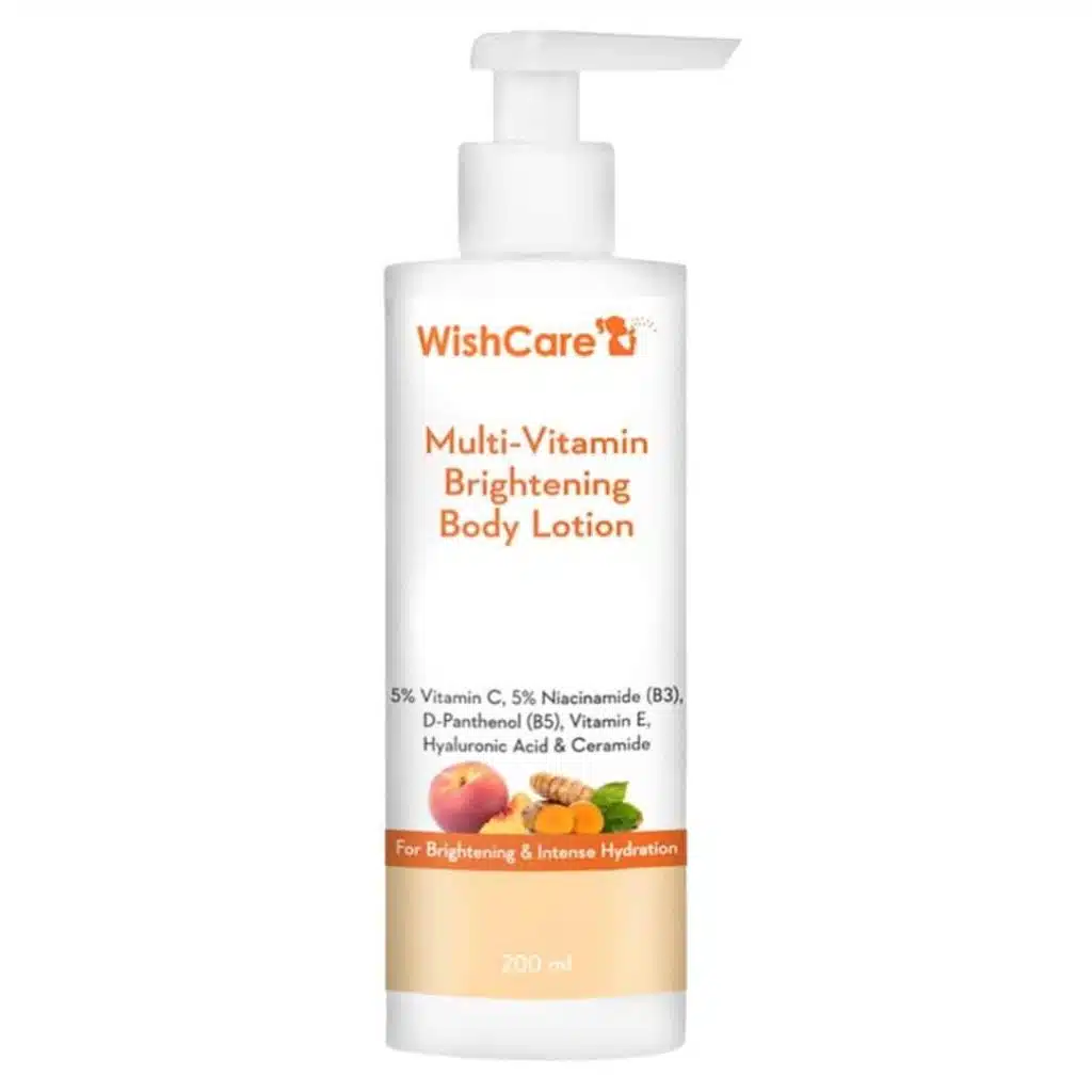 WishCare Multi‑Vitamin Brightening Body Lotion – 200 ml 🌟 Product At a Glance A super hydrating, brightening body lotion infused with 5 key actives—5% Vitamin C, 5% Niacinamide (B3), D‑Panthenol (B5), Vitamin E, Hyaluronic Acid, Ceramide, Kakadu Plum, & Turmeric. This formula deeply moisturizes, fades pigmentation, reduces dark spots, and nourishes skin—perfect for daily anywhere use. ✅ Key Features & Benefits 98% users saw an immediate reduction in dry, flaky skin (after 6 weeks) 95% noticed long-lasting hydration & moisture lock-in 92% experienced reduction in pigmentation and dark spots Brightens and evens tone thanks to Vitamin C + 5% Niacinamide Deep hydration & skin nourishment from Hyaluronic Acid, Ceramides, D‑Panthenol, and Vitamin E Soothes and calms with Turmeric and Kakadu Plum, rich in antioxidants Non-sticky formula absorbs quickly and leaves skin smooth and radiant 🎯 Ideal For Dry, dull, or pigmented body skin Those seeking visibly brighter, more even-toned limbs Anyone wanting intensive hydration without heaviness Daily use on arms, legs, elbows, knees, and other areas 🧴 How to Use Pump an adequate amount of lotion (approx. a palmful) Apply all over body, massaging in upward strokes until fully absorbed Use daily for best results—especially after showering 🧠 Why It Stands Out Feature Benefit Multi‑Vitamin Blend Targets dark spots, improves hydration, and repairs skin Active‑Rich Formula Ceramide + B5 + E + Hyaluronic Acid for barrier support Skin-Friendly & Safe Mild pH, free of harsh sulfates/parabens WishCare Multi-Vitamin Brightening Body Lotion 