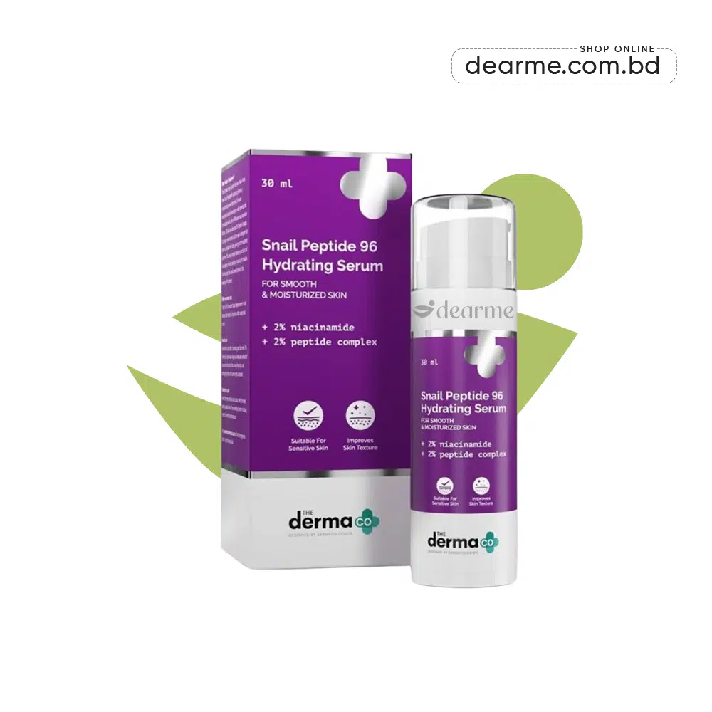 The Derma Co Snail Peptide 96 Hydrating Serum 30ml The Derma Co Snail Peptide Serum, snail mucin serum, hydrating peptide serum, skin repair serum, collagen boosting serum, serum for dry skin, serum for oily skin, serum for sensitive skin, brightening snail serum, anti-aging serum, serum for acne scars, peptide complex serum, niacinamide serum, lightweight hydrating serum, fast absorbing face serum, skin elasticity serum, serum for pigmentation, moisturizing serum, serum for fine lines, dermatologist recommended serum, snail secretion filtrate serum, serum for glowing skin, serum for skin regeneration, unisex face serum, gentle hydrating serum, serum for damaged skin, daily use serum Bangladesh, buy snail peptide serum online Bangladesh, Dearme.com.bd skincare, best hydrating serum Bangladesh, serum for texture improvement, natural skin repair serum