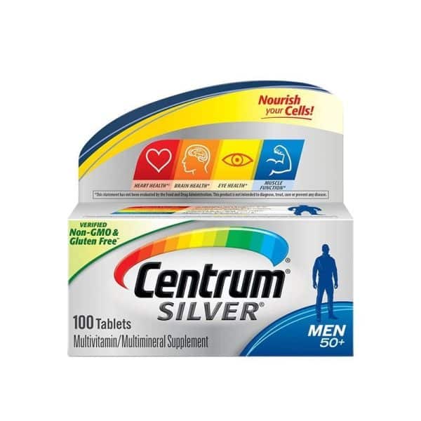 100 count bottle of Centrum Silver Multivitamin for Men 50 Plus, Multivitamin/Multimineral Supplement with Vitamin D3, B Vitamins, and Zinc