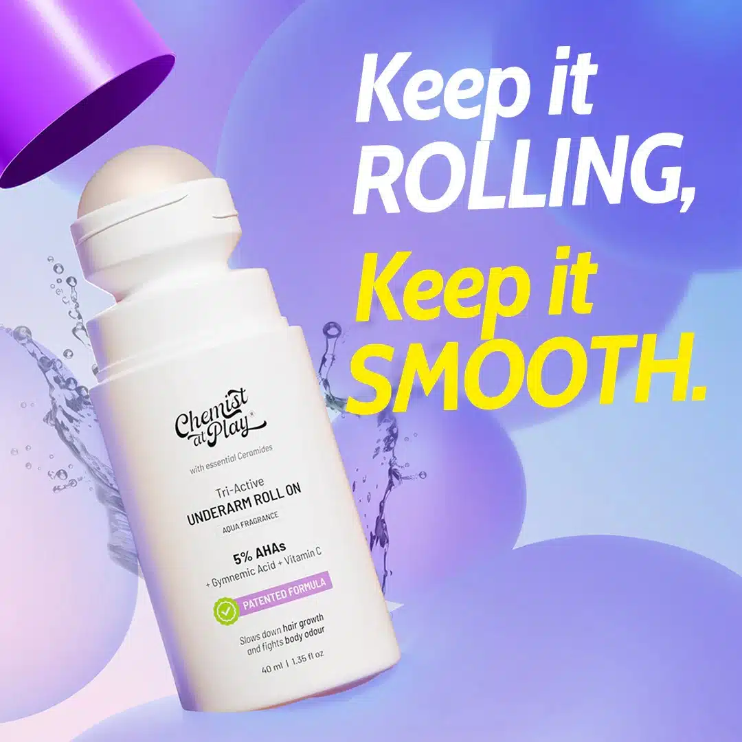 Chemist at Play Tri Active Underarm Roll On for Hair Growth Reduction Aqua – 40ml 1